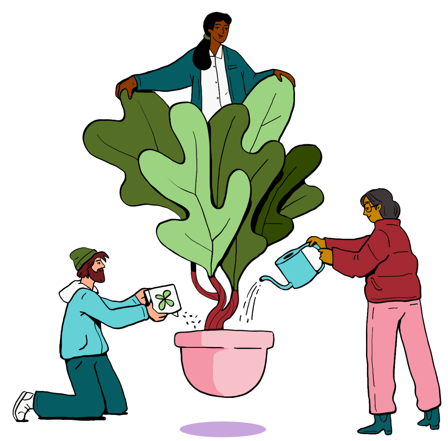 Illustration of people watering a plant
