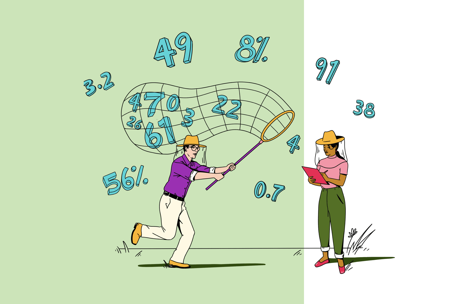 Illustration of two people catching and cataloging stylized numbers and mathematical figures in a large net