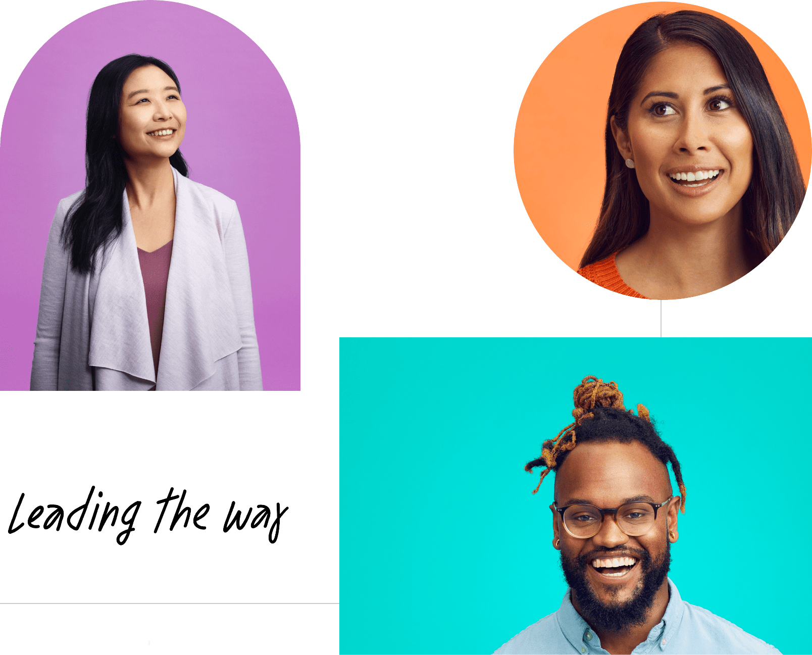 Portraits of three customers with text ‘leading the way’