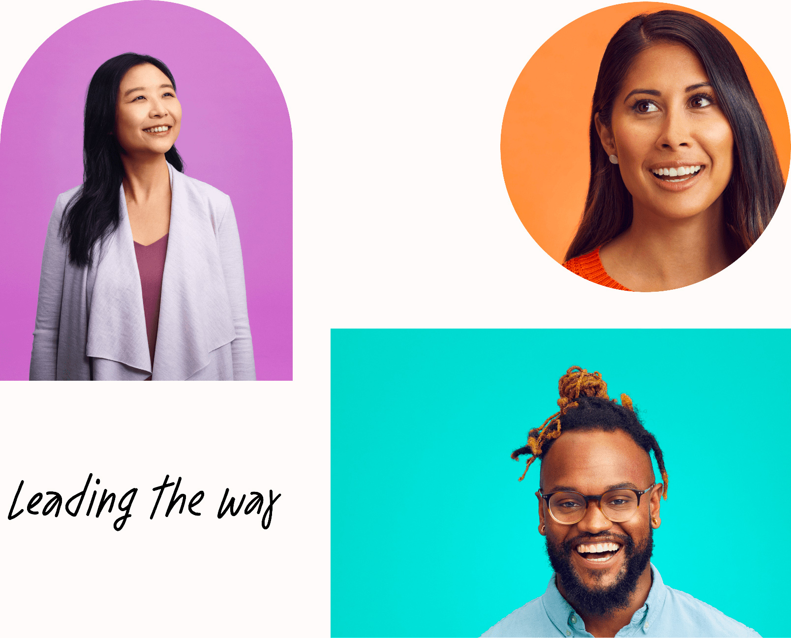 Portraits of three customers with text ‘leading the way’